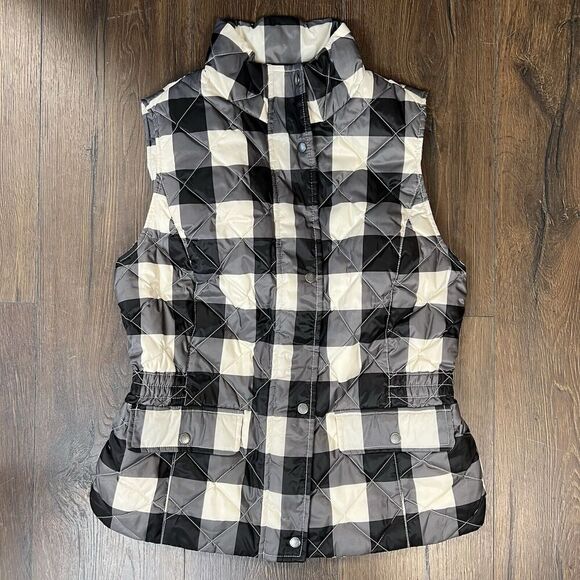 Talbots Womens Black White Quilted Zipper Snap Plaid Down Puffer Vest SZ XS - Picture 1 of 5
